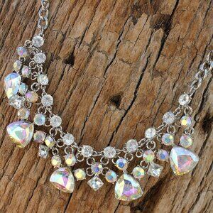 Aurora Borealis Ab Crystal Bib Triangular Round Curb Chain Evening Necklace Set